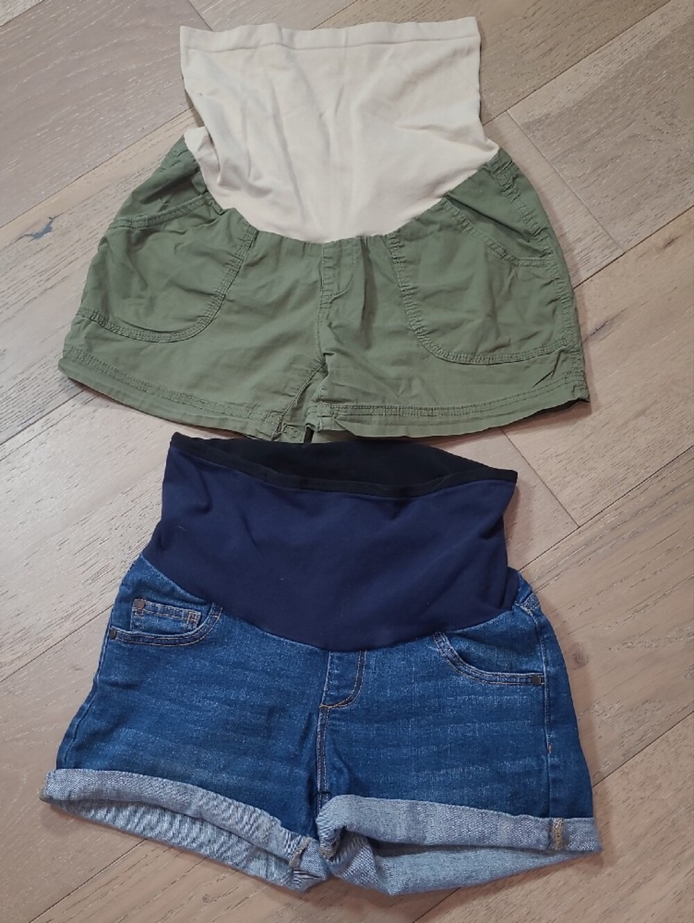 Motherhood Maternity Shorts Women's sz S Pair of Denim & Pair of Green Shorties